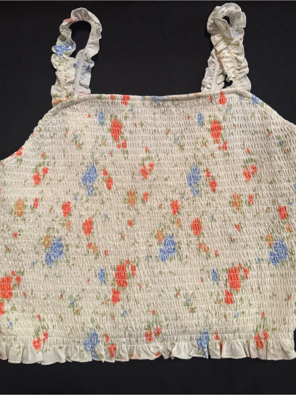 Women’s Cream Smocked Tank Top with Orange & Blue Floral Print XL